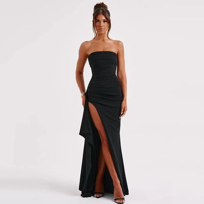 Strapless Black Evening Gown with High Slit