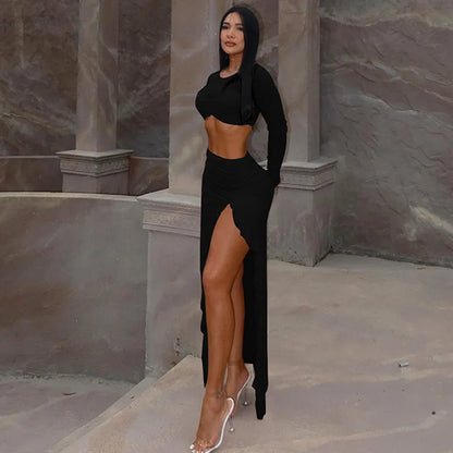 Elegant Two-Piece Set - Sheer Long-Sleeve Crop Top & High-Slit Skirt