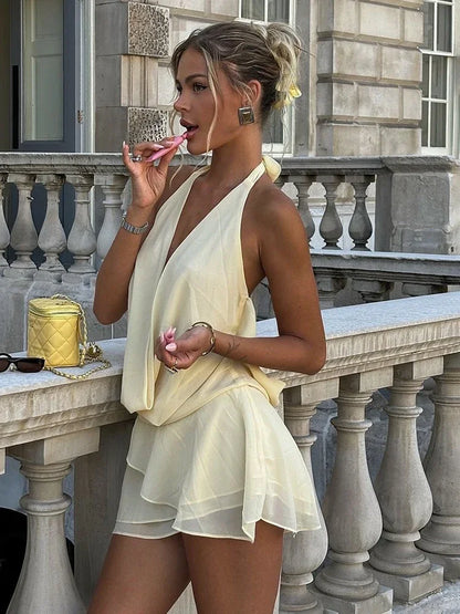 Elegant Halter Neck Ruffle Mini Dress – Chic Summer Outfit