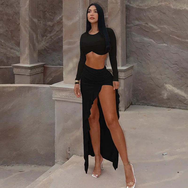 Elegant Two-Piece Set - Sheer Long-Sleeve Crop Top & High-Slit Skirt