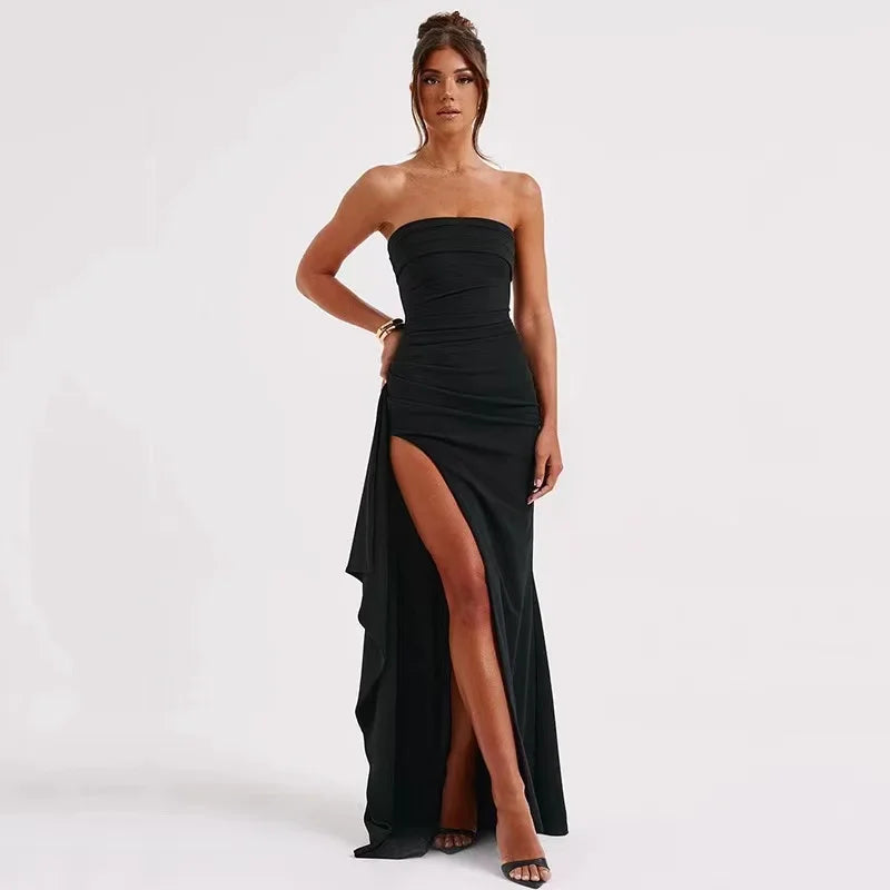 Strapless Black Evening Gown with High Slit