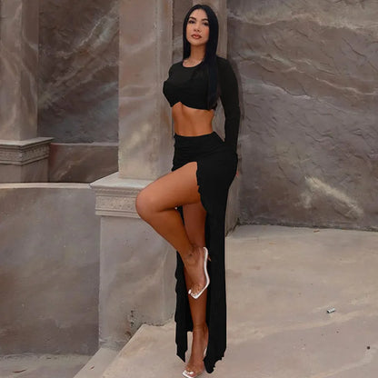 Elegant Two-Piece Set - Sheer Long-Sleeve Crop Top & High-Slit Skirt