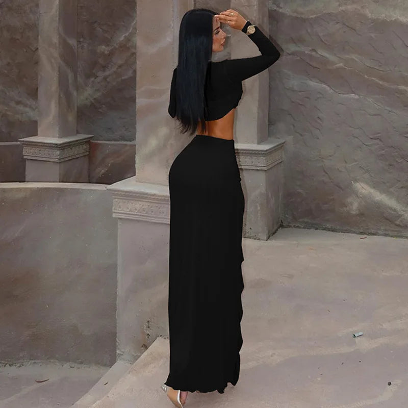 Elegant Two-Piece Set - Sheer Long-Sleeve Crop Top & High-Slit Skirt