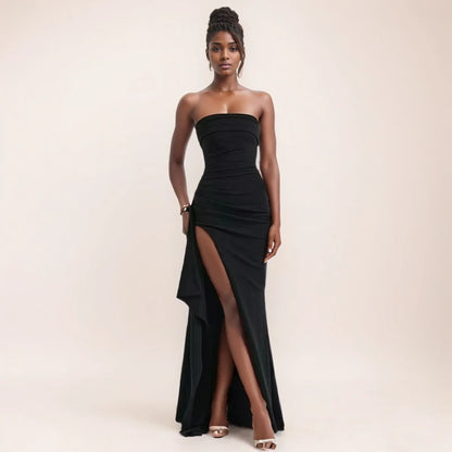 Strapless Black Evening Gown with High Slit