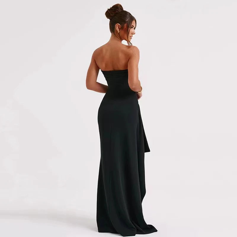 Strapless Black Evening Gown with High Slit