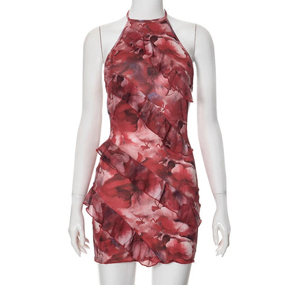 Floral Ruffle Halter Mini Dress – Elegant & Chic Party Outfit