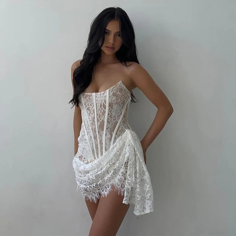 Elegant White Lace Corset Mini Dress – Chic & Sexy Evening Wear