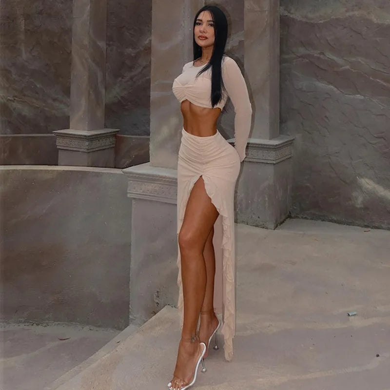 Elegant Two-Piece Set - Sheer Long-Sleeve Crop Top & High-Slit Skirt